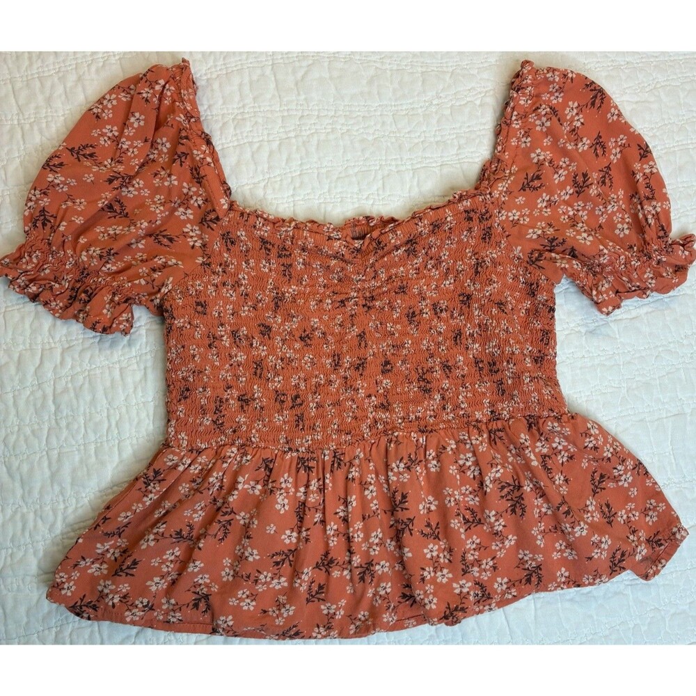 Patrons of Peace Peplum Top Womens Small Orange Floral Smocked‎ Crop Milkmaid